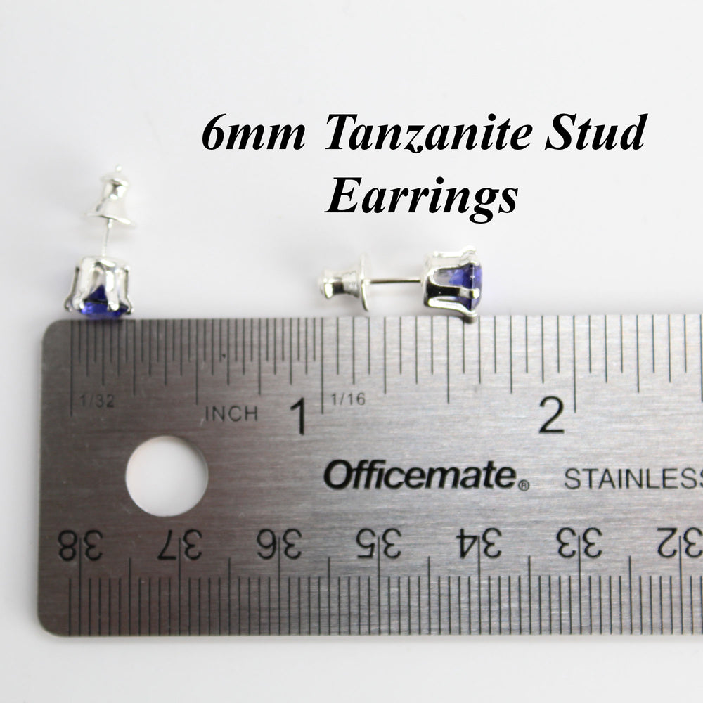 
                      
                        Tanzanite Gemstone Stud Earrings, 6mm Round Prong Set 925 Sterling Silver
                      
                    