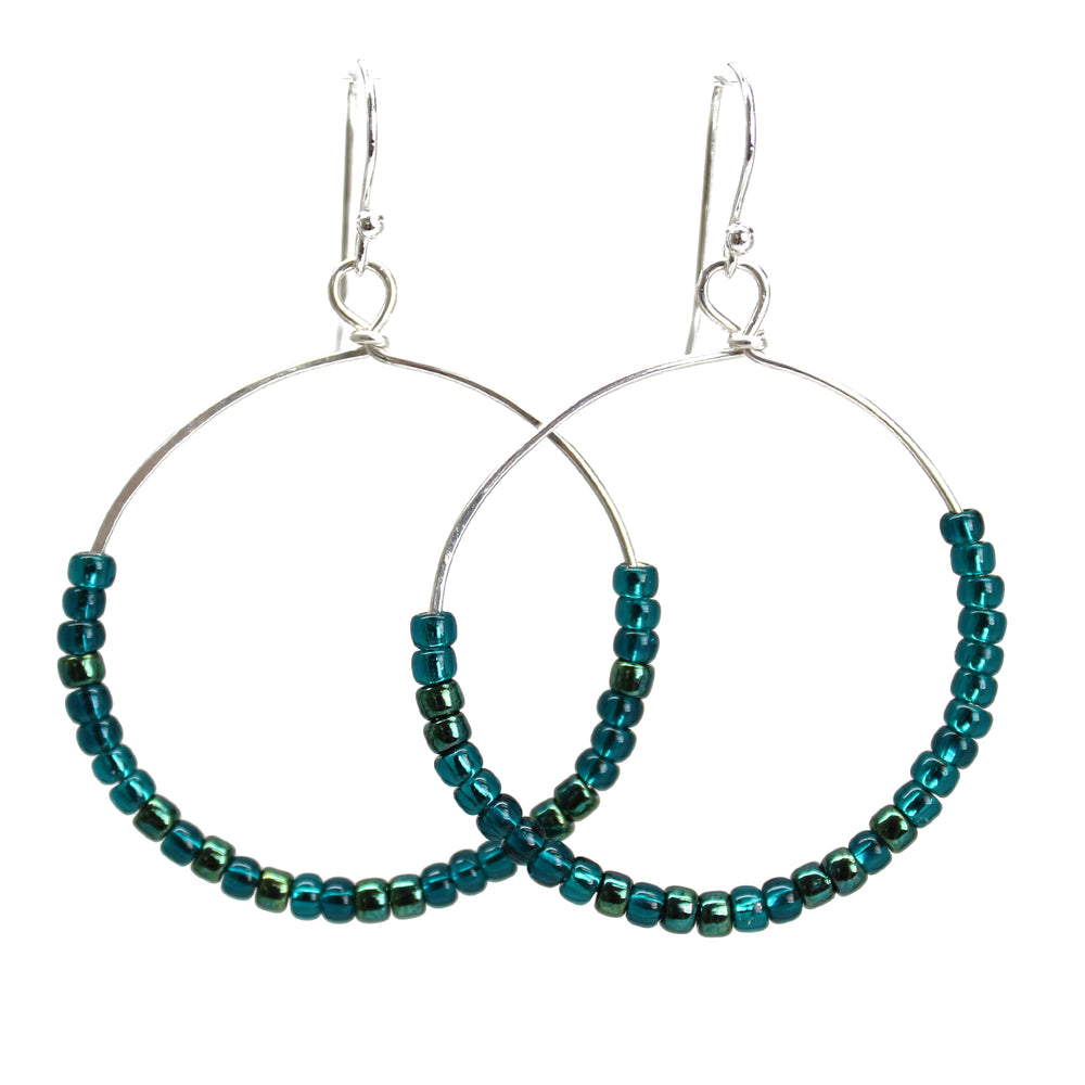 Teal Beaded Sterling Silver Hoop Earrings