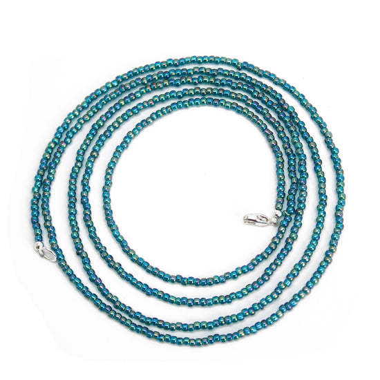 Load image into Gallery viewer, Transparent Rainbow Teal Seed Bead Necklace, Thin 1.5mm Single Strand

