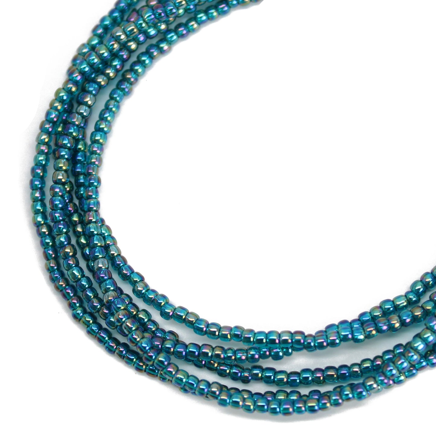 Transparent Rainbow Teal Seed Bead Necklace, Thin 1.5mm Single Strand