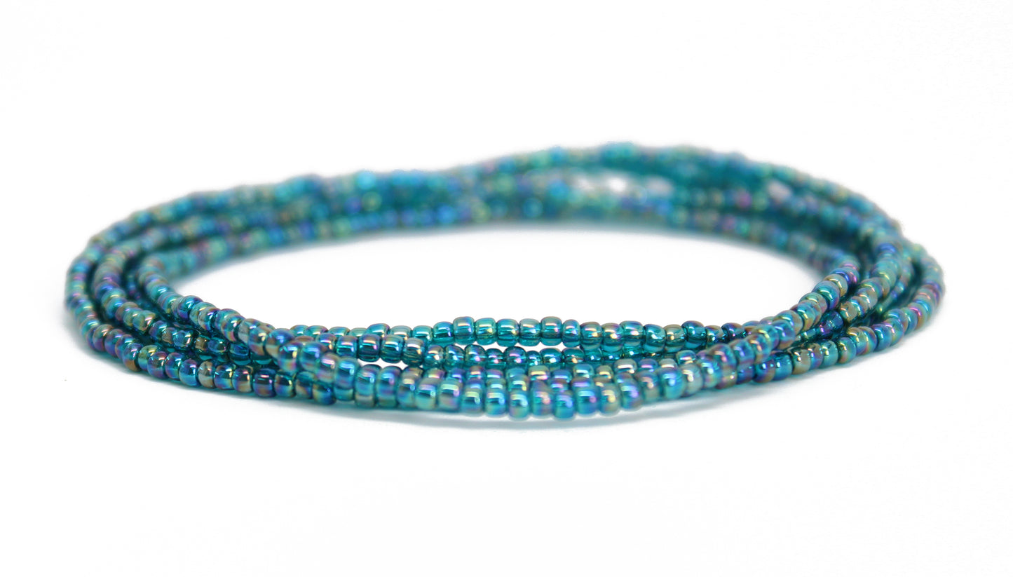 Load image into Gallery viewer, Transparent Rainbow Teal Seed Bead Necklace, Thin 1.5mm Single Strand
