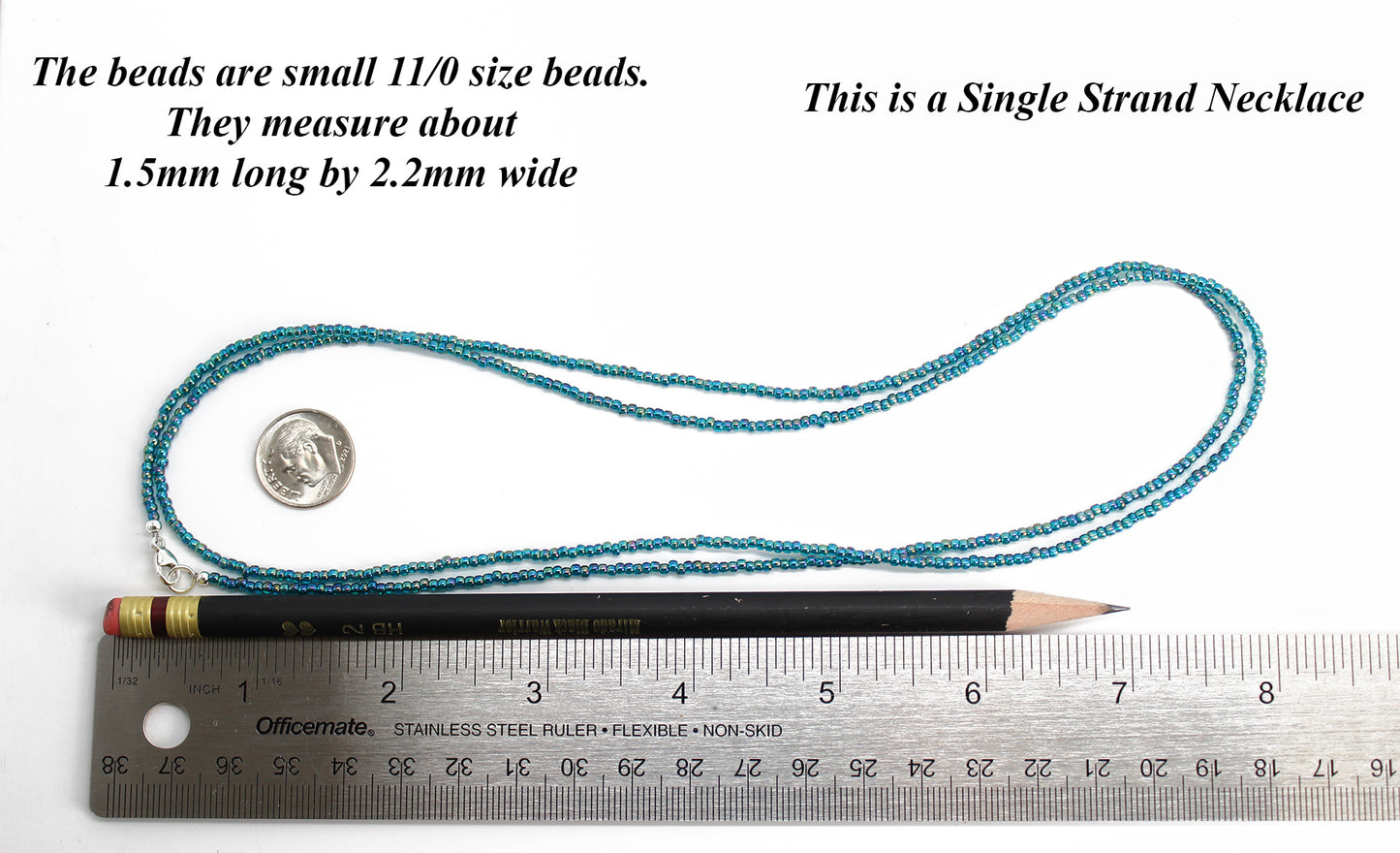 Transparent Rainbow Teal Seed Bead Necklace, Thin 1.5mm Single Strand 35