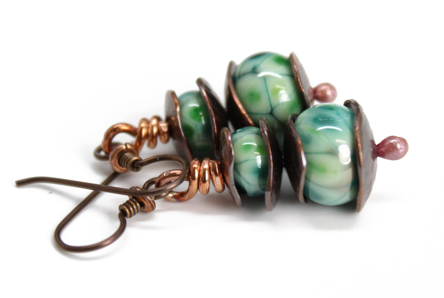 Turquoise Green Lampwork Bead Dangle Earrings