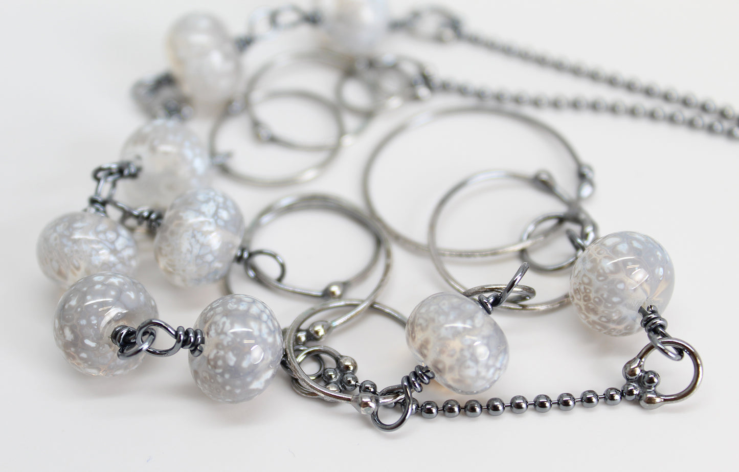 Handmade Sterling Silver Chain Necklace with White Lampwork Beads