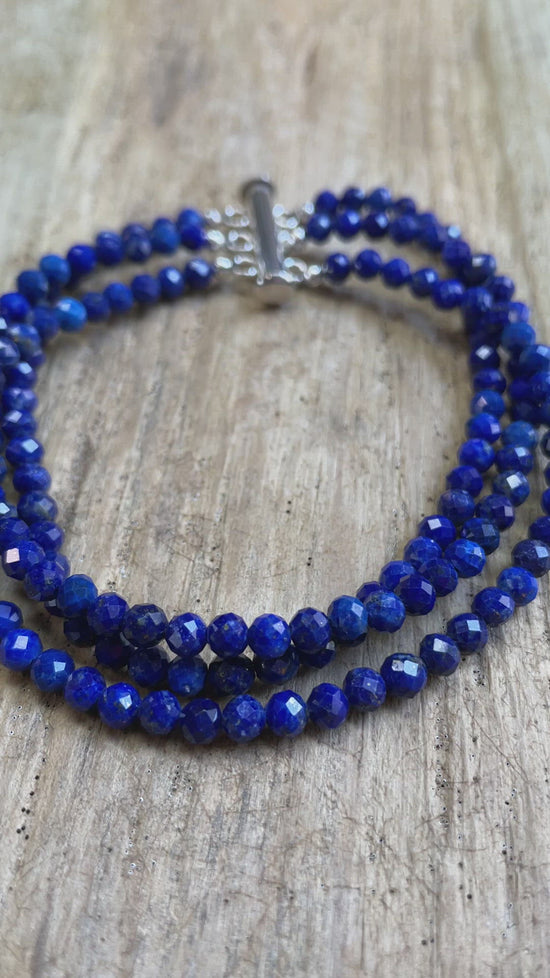 Load and play video in Gallery viewer, Lapis Lazuli Bracelet, Multi Strand Blue Gemstone, 7.5 Inches
