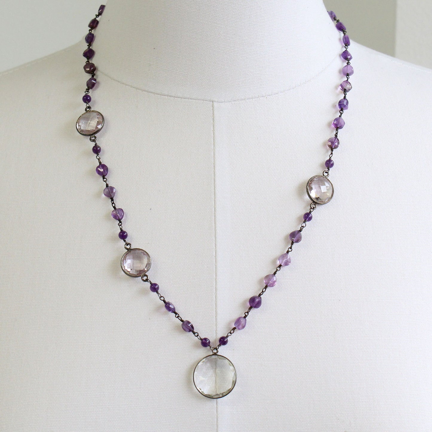 Amethyst and Crystal Quartz Pendant Necklace 23"