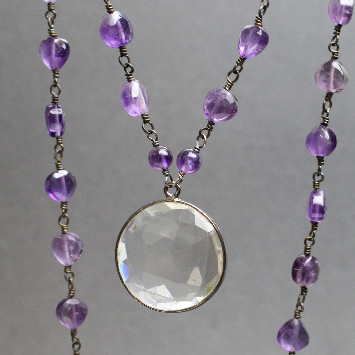 Amethyst and Crystal Quartz Pendant Necklace 23"