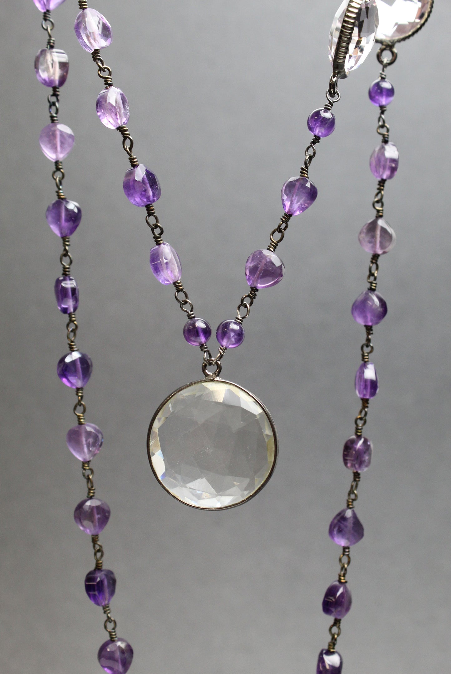 Amethyst and Crystal Quartz Pendant Necklace 23"