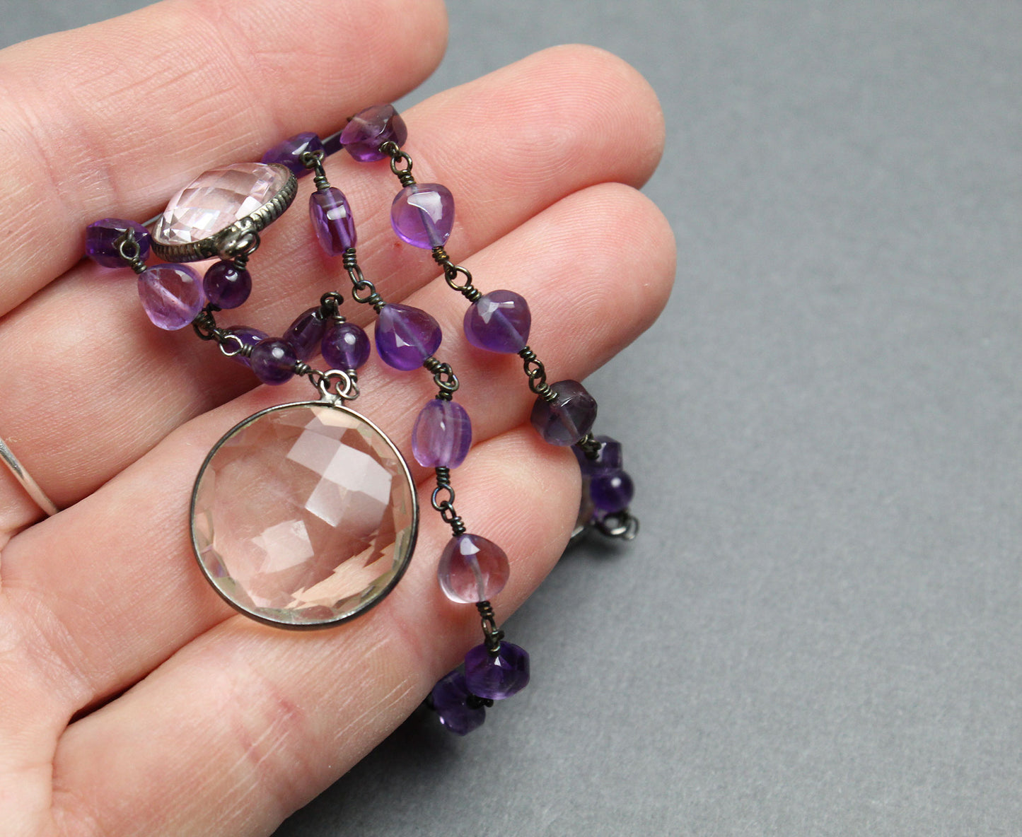 Load image into Gallery viewer, Handmade Amethyst and Crystal Quartz Pendant Necklace 23&amp;quot;
