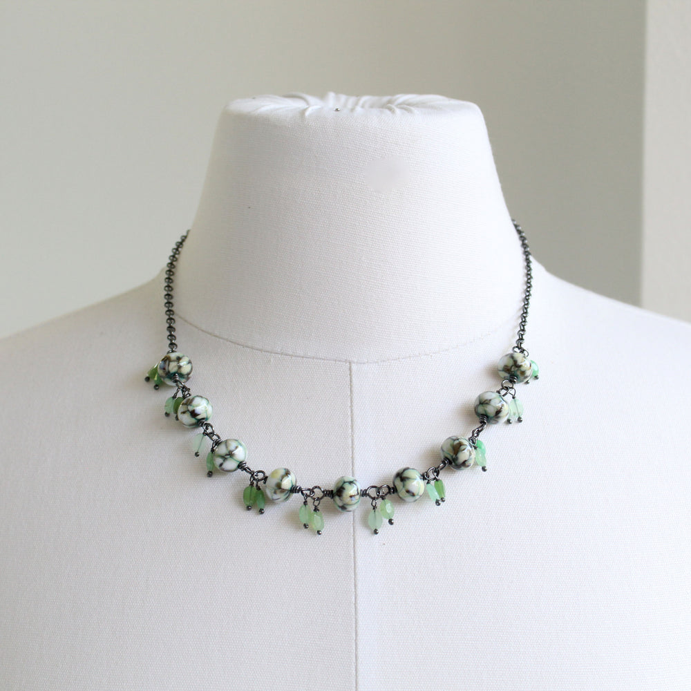
                      
                        Lampwork Bead Necklace with Faceted Chrysoprase Dangles, 18" L
                      
                    