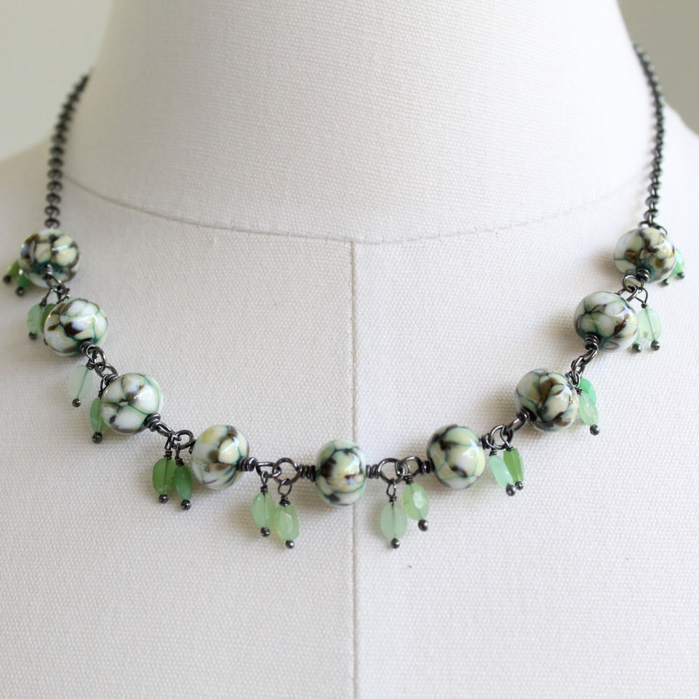 
                      
                        Lampwork Bead Necklace with Faceted Chrysoprase Dangles, 18" L
                      
                    