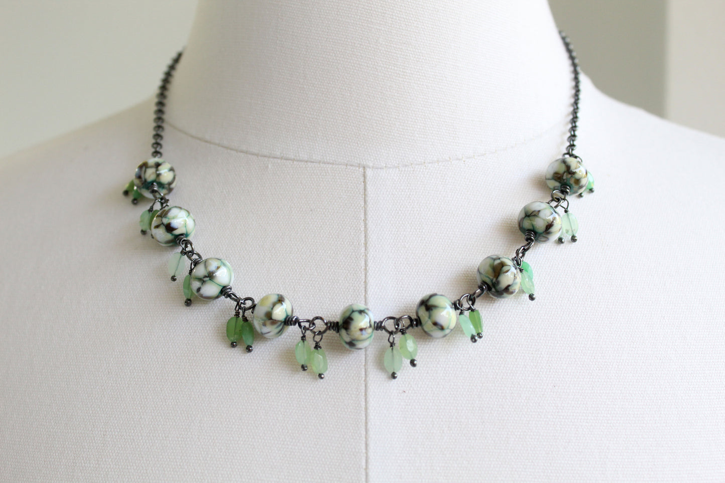 Lampwork Bead Necklace with Faceted Chrysoprase Dangles, 18" L