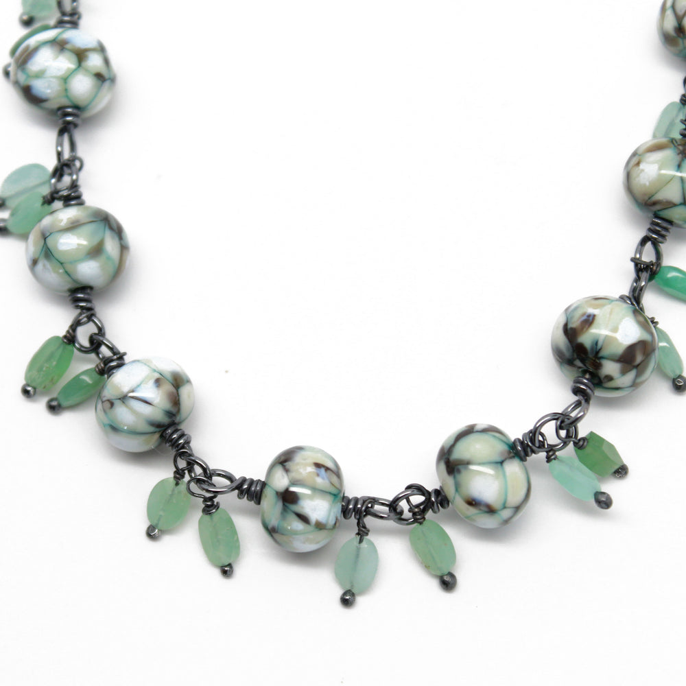 
                      
                        Lampwork Bead Necklace with Faceted Chrysoprase Dangles, 18" L
                      
                    