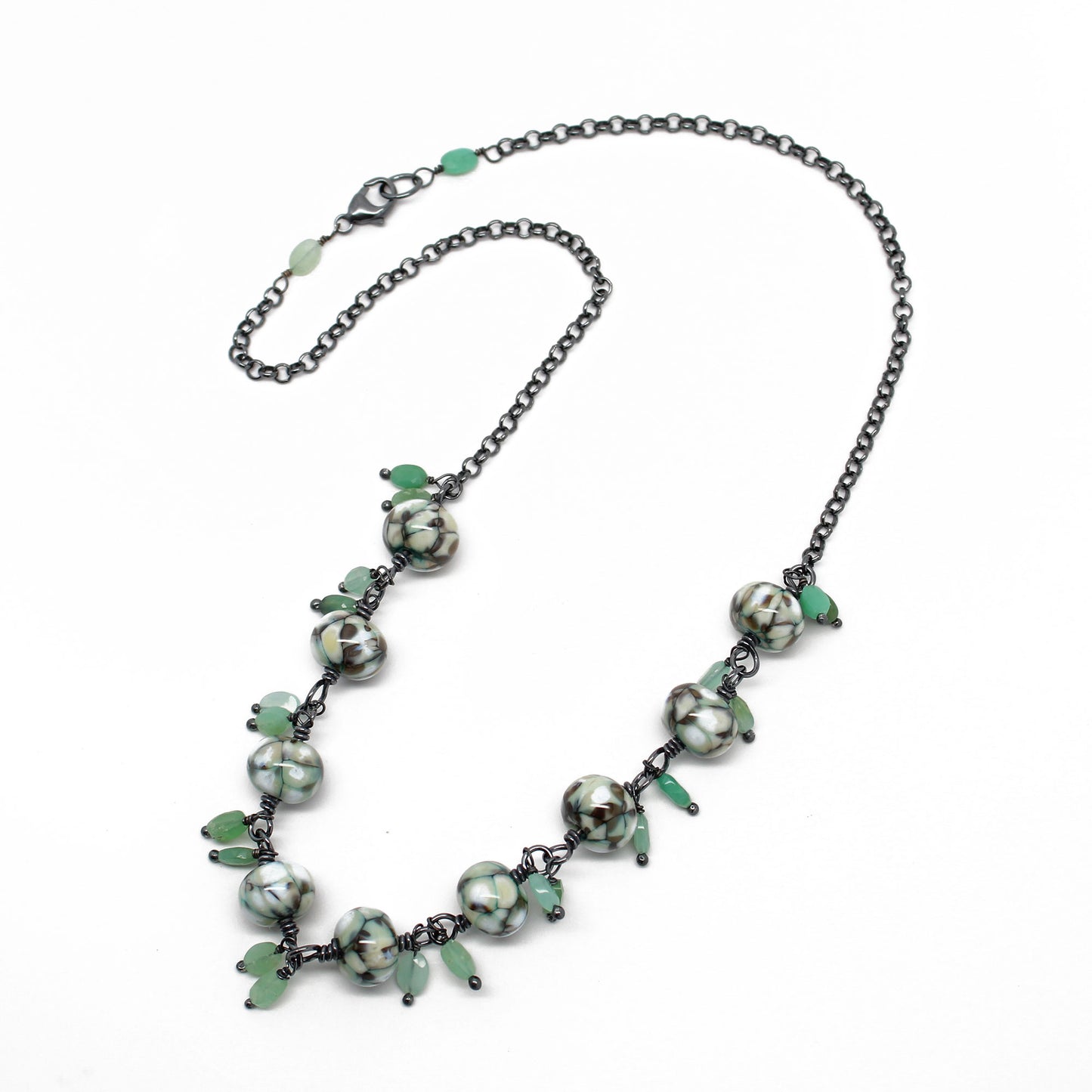 Lampwork Bead Necklace with Faceted Chrysoprase Dangles, 18" L