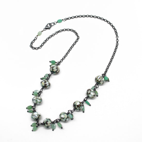 Lampwork Bead Necklace with Faceted Chrysoprase Dangles, 18" L