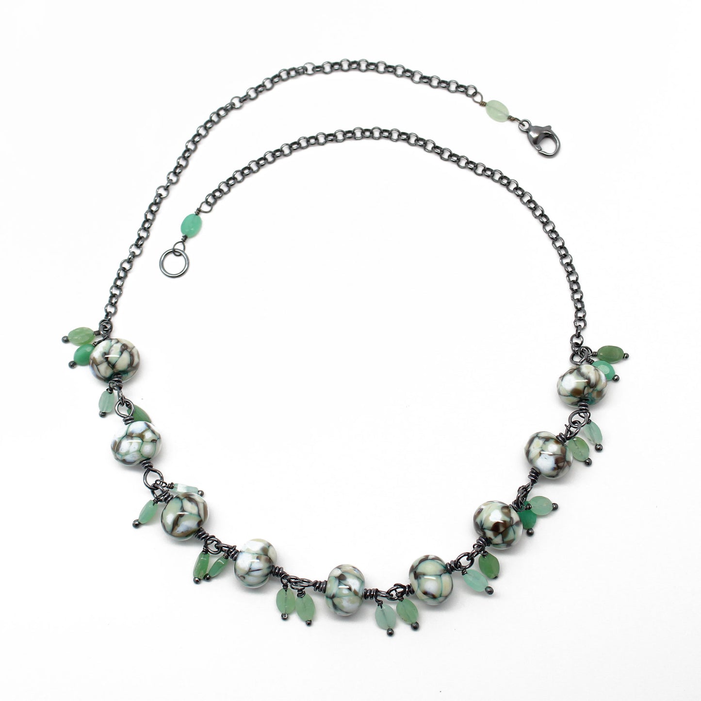 Lampwork Bead Necklace with Faceted Chrysoprase Dangles, 18" L