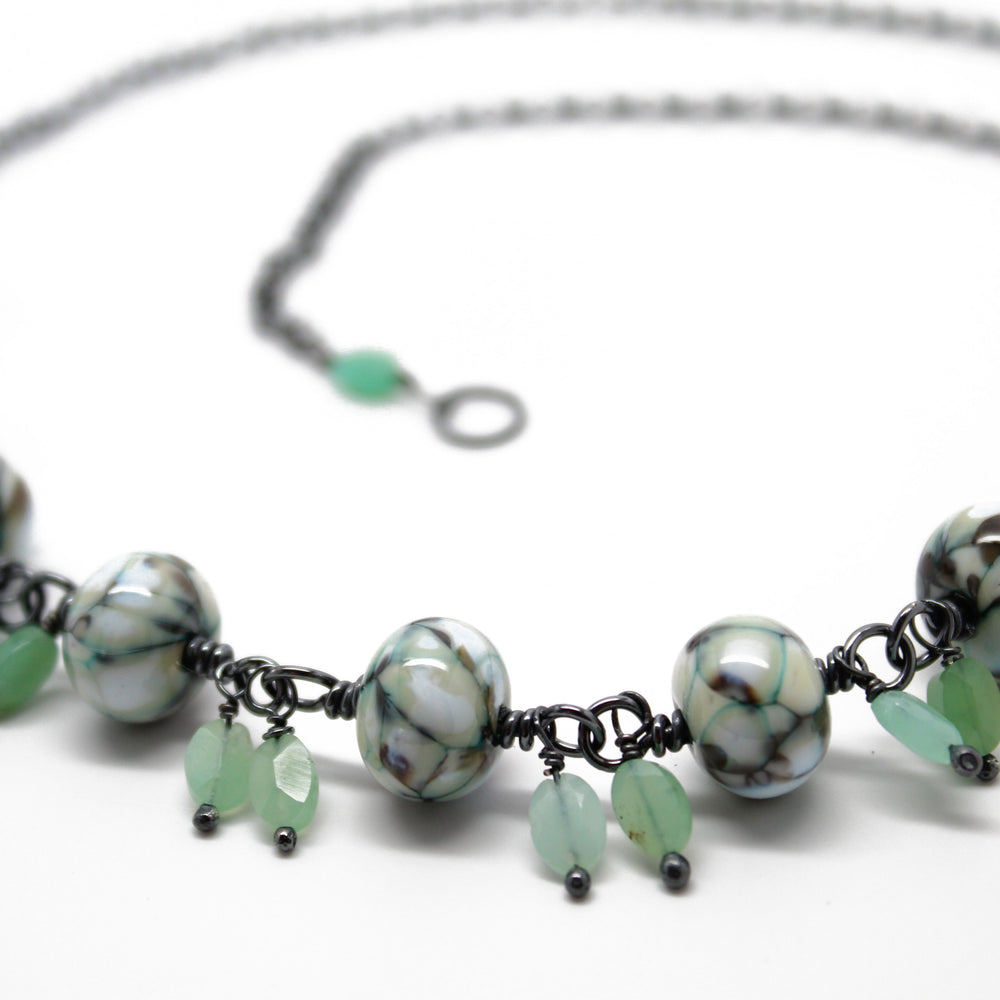 
                      
                        Lampwork Bead Necklace with Faceted Chrysoprase Dangles, 18" L
                      
                    