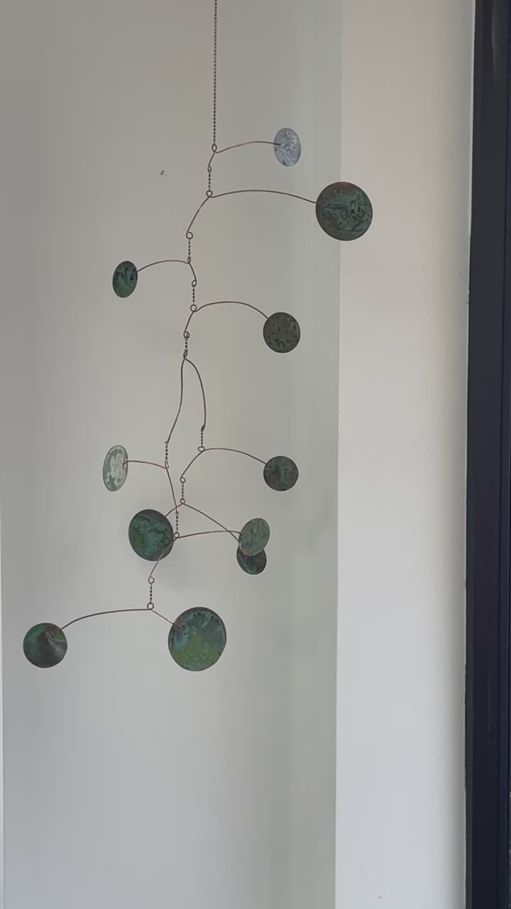 Load and play video in Gallery viewer, Handmade Copper Hanging Mobile 35&amp;quot; , Recycled Copper, Double Armature, Green Verdigris Patina
