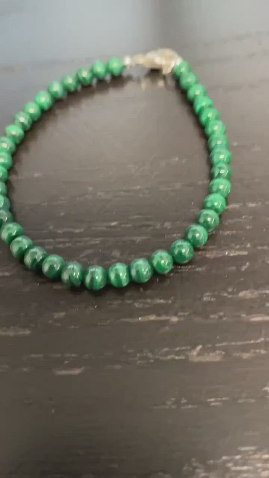 Load and play video in Gallery viewer, 4mm Malachite Bracelet with Sterling Silver Clasp
