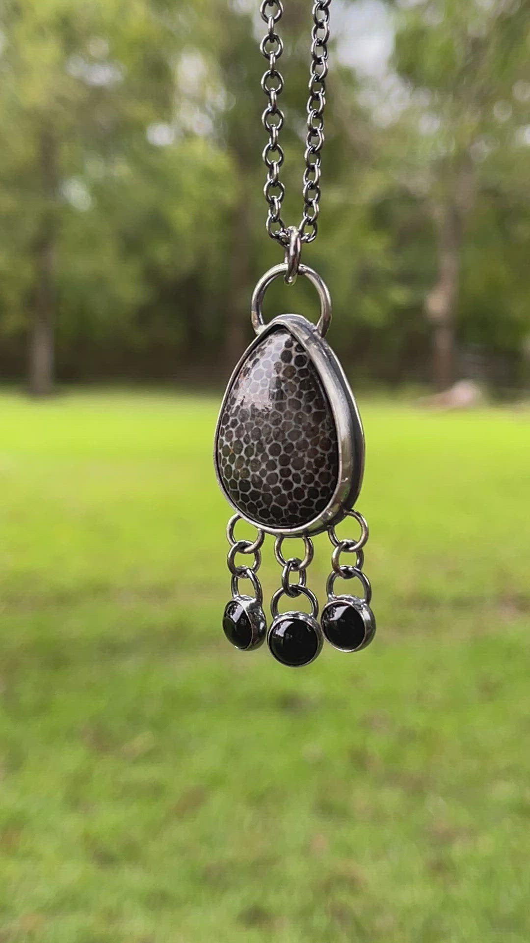 Load and play video in Gallery viewer, Fossil Necklace with Black Onyx Dangles in Sterling Silver
