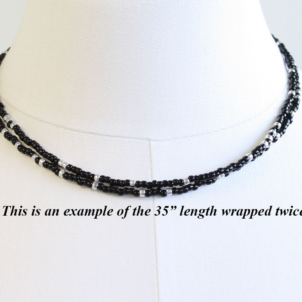 
                      
                        Black and Silver Seed Bead Necklace-Long-Single Strand-8/0 Beads
                      
                    