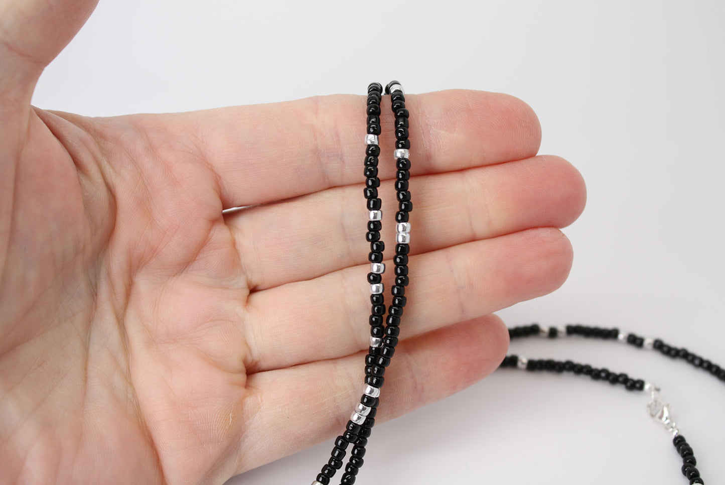 Black and Silver Seed Bead Necklace-Long-Single Strand-8/0 Beads