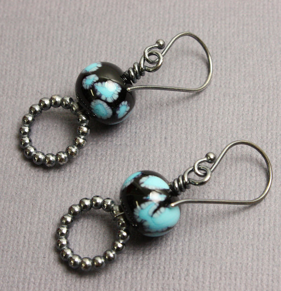Load image into Gallery viewer, Black and Turquoise Blue Bead Earrings with Sterling Hoops
