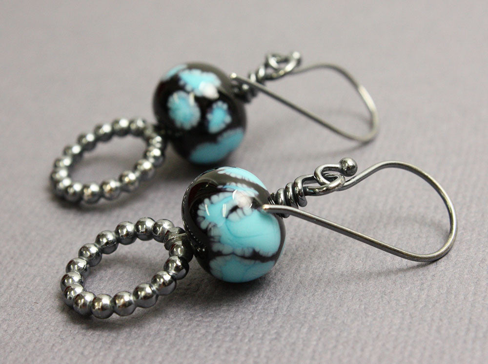Handmade Black and Blue Bead Earrings with Sterling Hoops