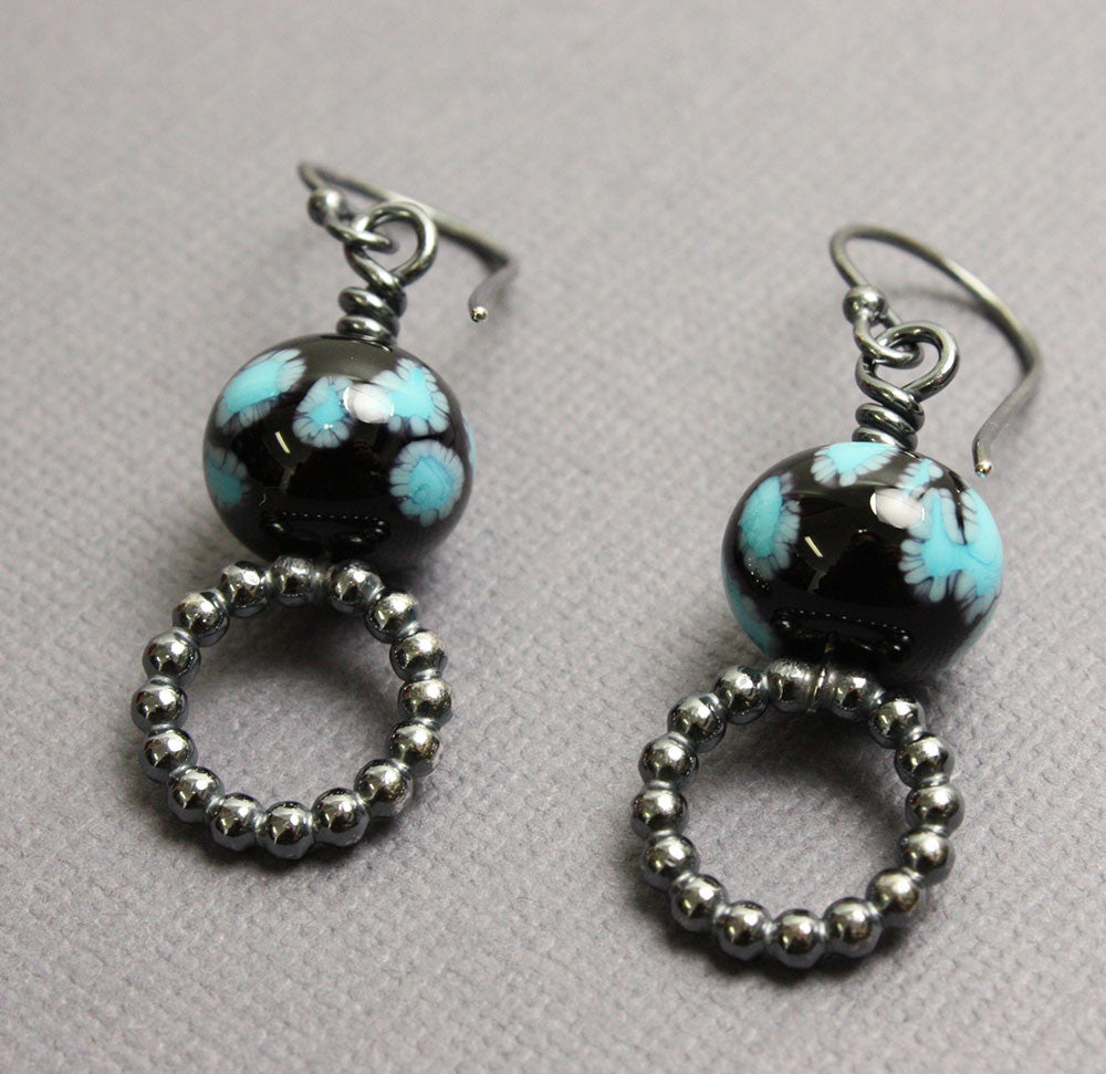 Black and Blue Lampwork Bead Earrings with Sterling Hoops