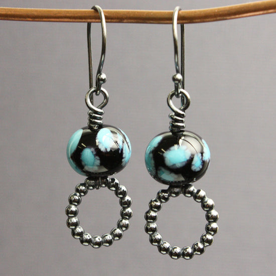 Black and Blue Bead Earrings with Sterling Hoops