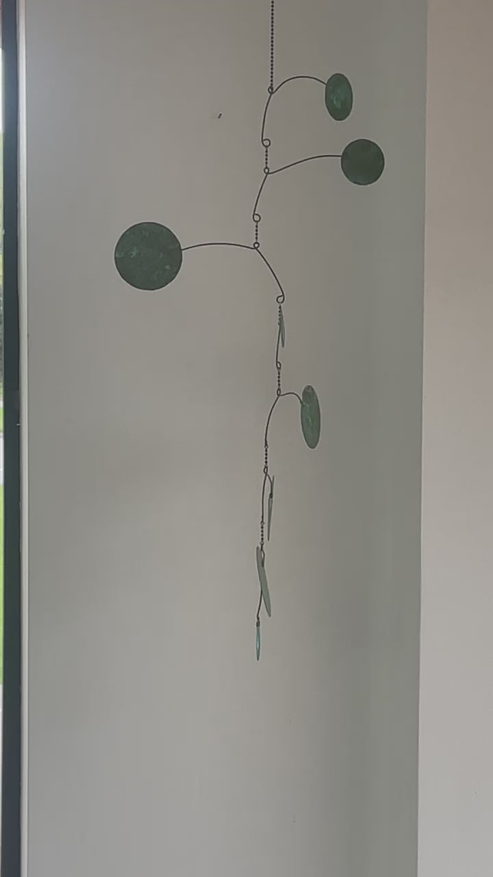 Load and play video in Gallery viewer, Kinetic Mobile 35&amp;quot; L, Hanging Copper Mobile with Verdigris Green Patina
