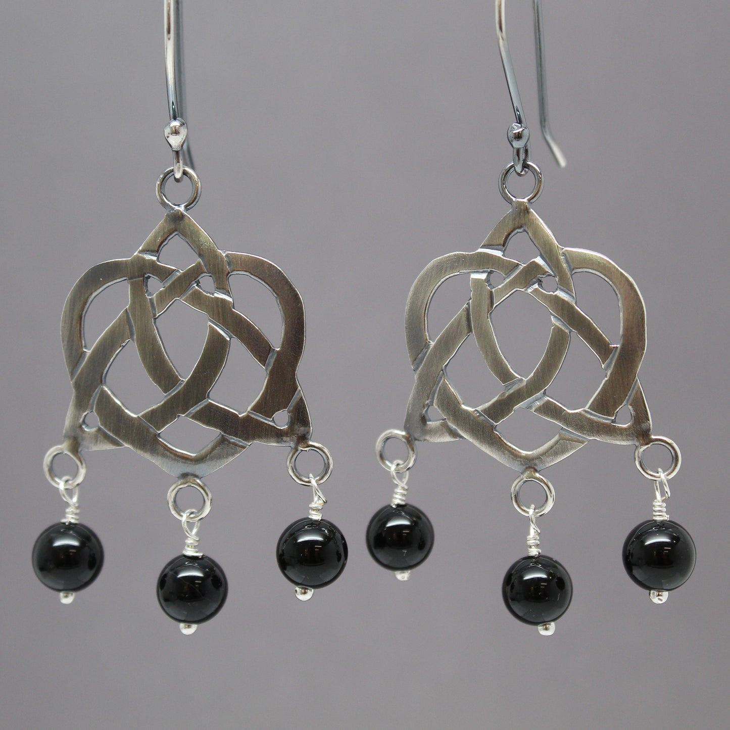 Celtic Heart Knot Earrings in Sterling Silver with Black Onyx Dangles