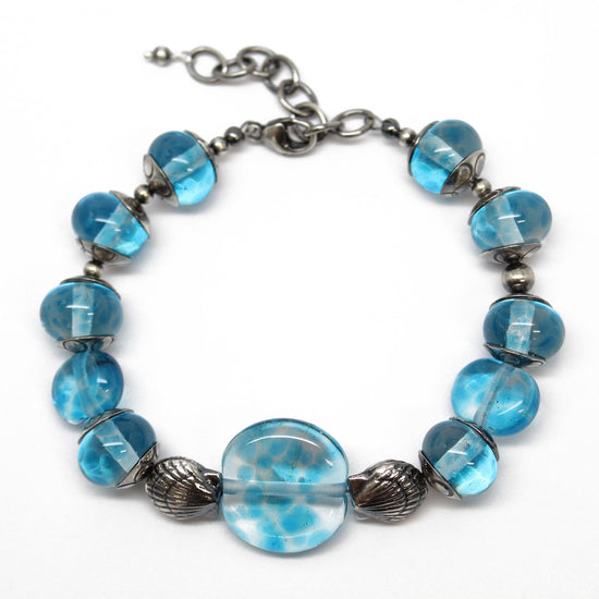 Blue Bead Bracelet with Sterling Silver Shells
