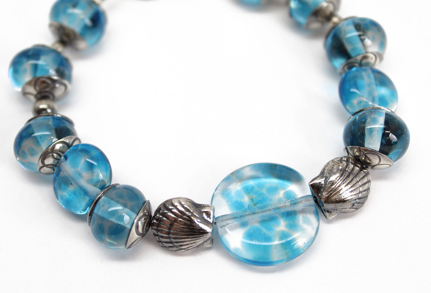 Blue Beaded Bracelet with Sterling Silver Shells