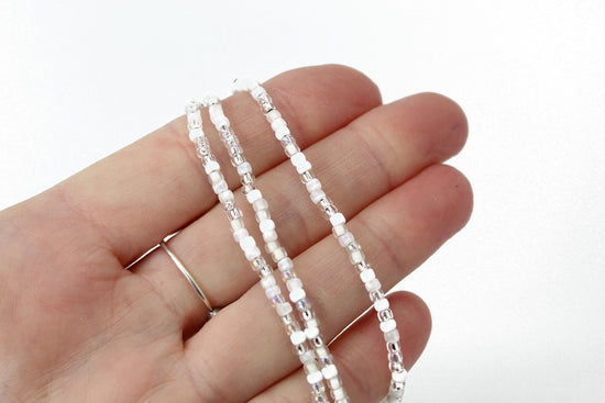 Handmade White Seed Bead Necklace, Thin 1.5mm Single Strand Beaded Necklace