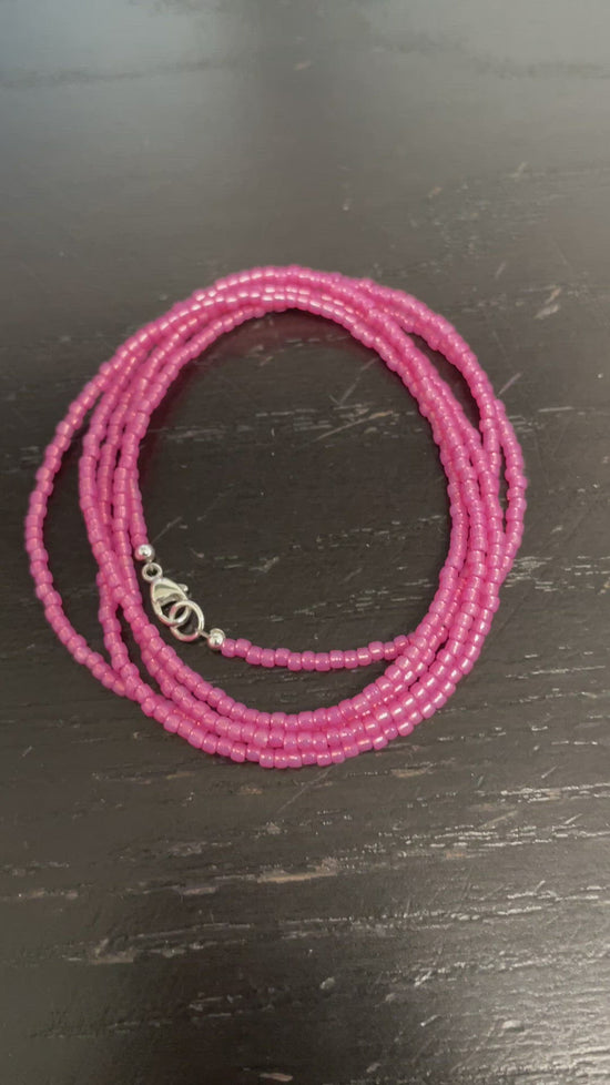 Load and play video in Gallery viewer, Silver Lined Milky Hot Pink Seed Bead Necklace, Thin 1.5mm Single Strand
