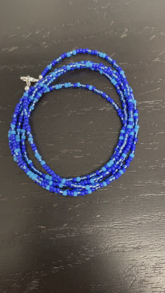 Load and play video in Gallery viewer, Multi Color Blue Seed Bead Necklace, Thin 1.5mm Single Strand
