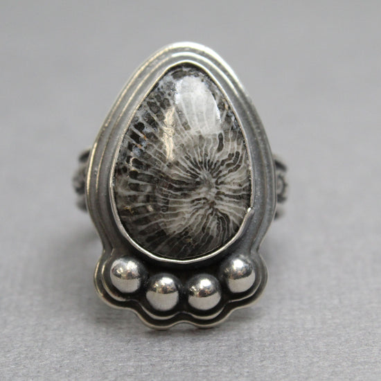 Fossil Coral Ring in Sterling Silver, Size 8 US