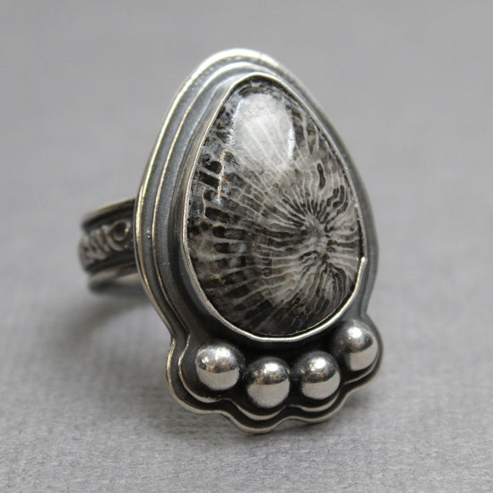 Fossil Coral Ring in Sterling Silver, Size 8 US