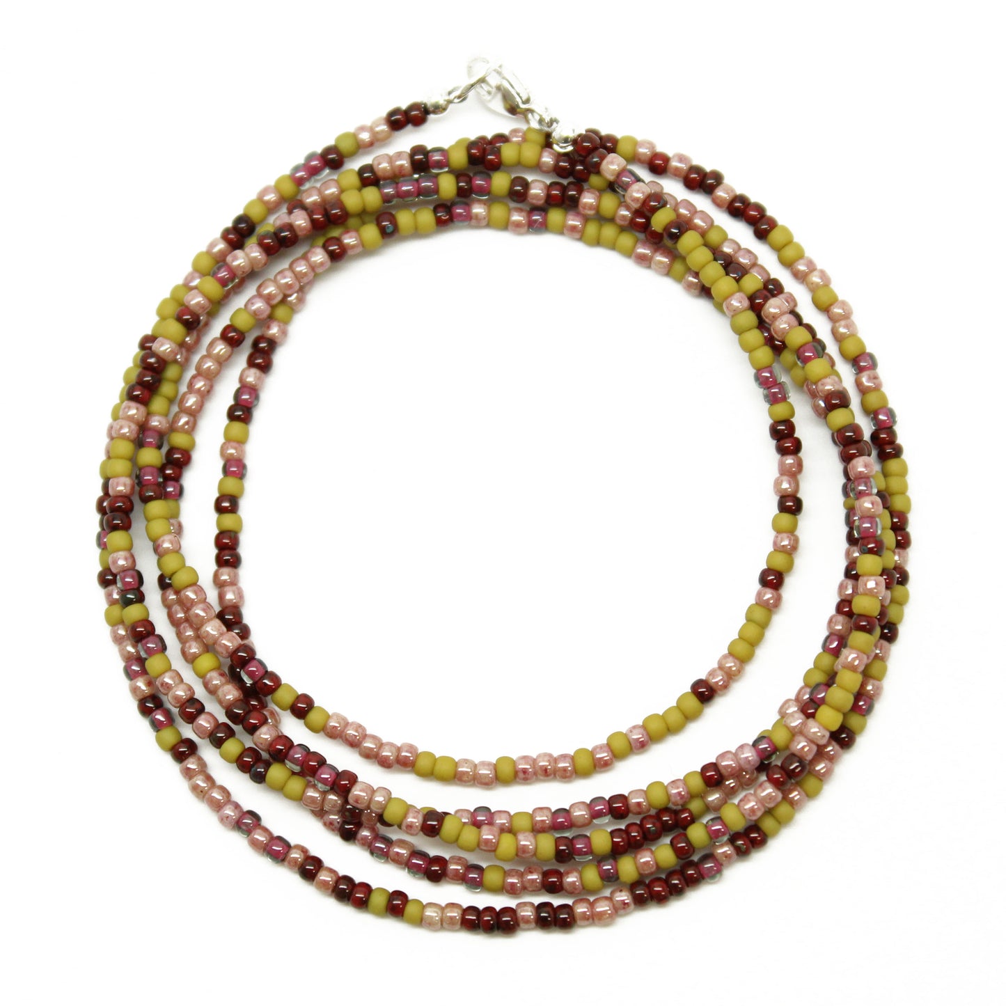 Green Plum Pink Seed Bead Necklace-Single Strand