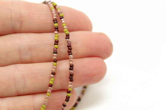 Green Plum Pink Seed Bead Necklace-Single Strand