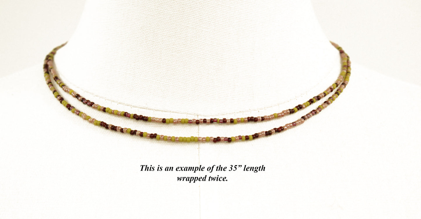 Green Plum Pink Seed Bead Necklace-Single Strand