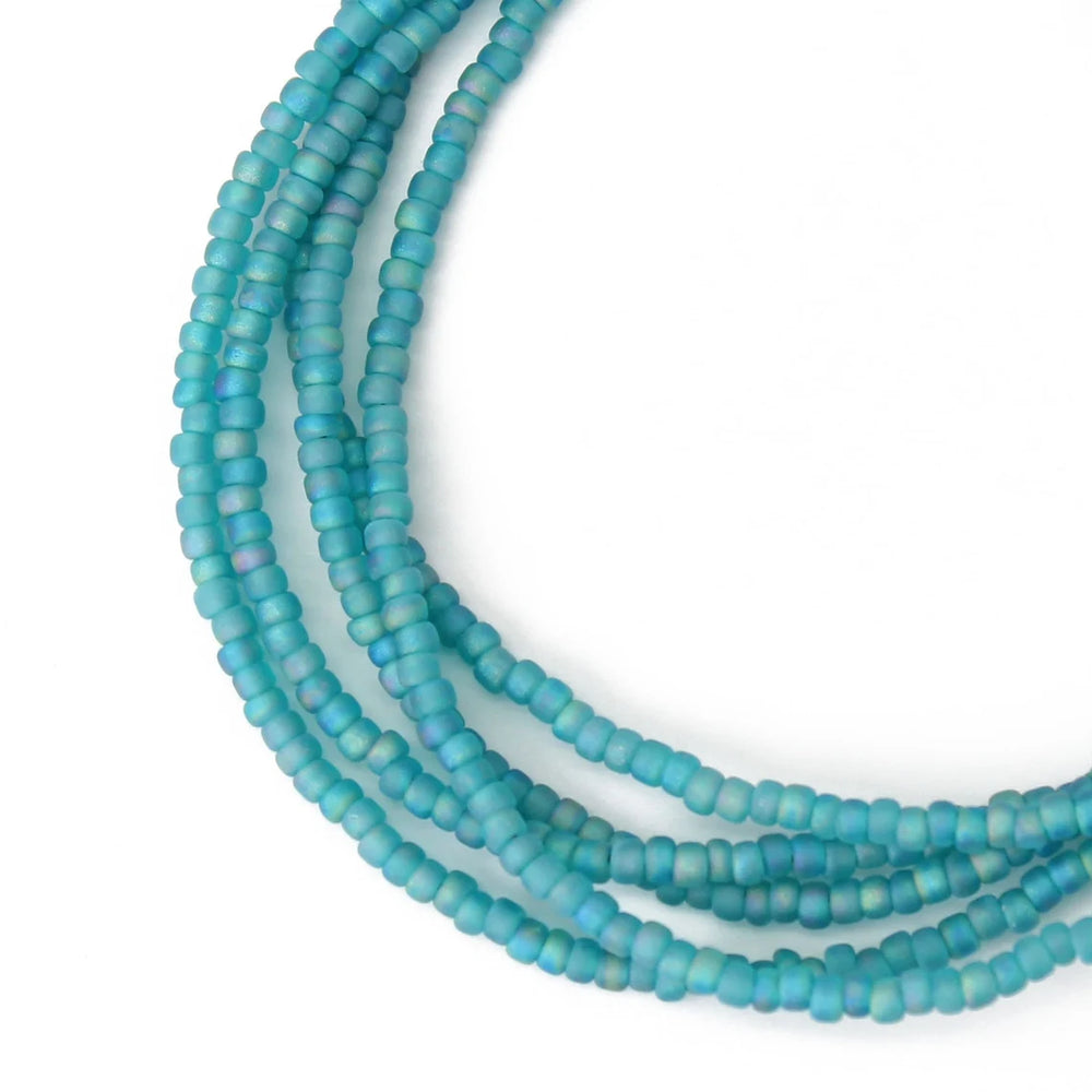 Matte Transparent Turquoise Seed Bead Necklace, Thin 1.5mm Single Strand