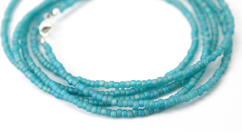 
                      
                        Matte Transparent Turquoise Seed Bead Necklace, Thin 1.5mm Single Strand
                      
                    