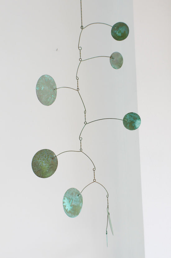 Load image into Gallery viewer, Kinetic Mobile 35&amp;quot; L, Hanging Copper Mobile with Verdigris Green Patina
