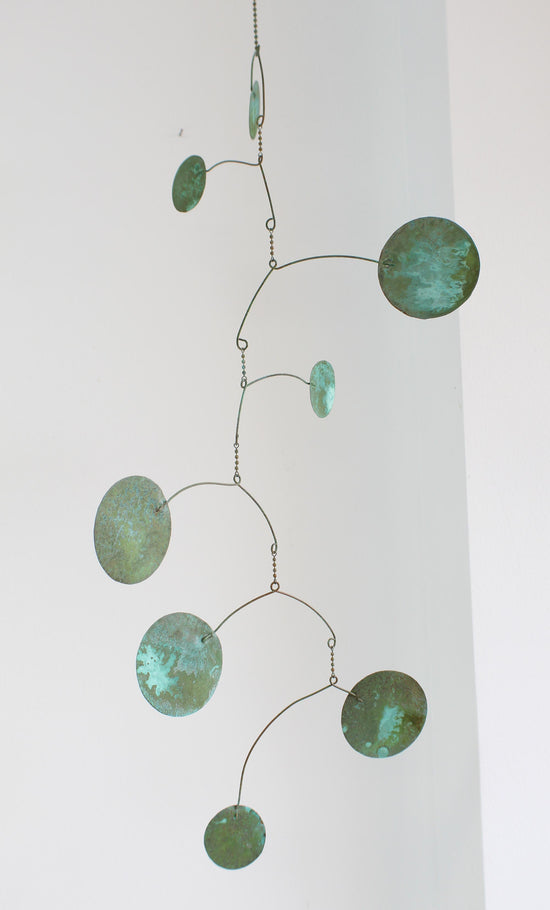 Kinetic Mobile 35" L, Hanging Copper Mobile with Verdigris Green Patina