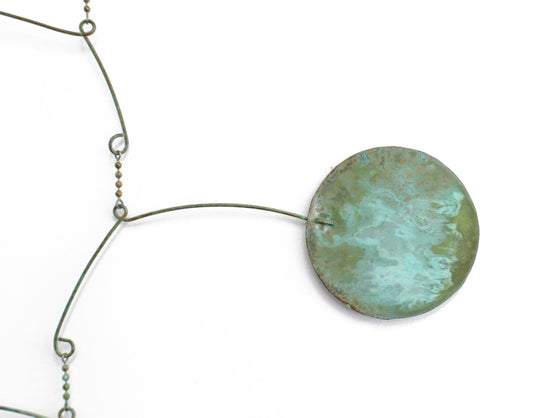 Load image into Gallery viewer, Kinetic Mobile 35&amp;quot; L, Hanging Copper Mobile with Verdigris Green Patina

