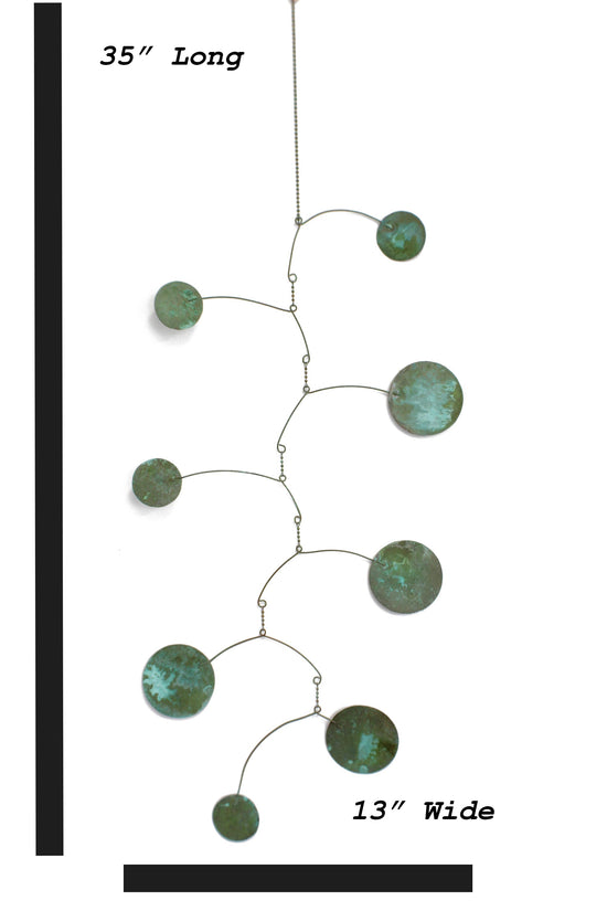 Kinetic Mobile 35" L, Hanging Copper Mobile with Verdigris Green Patina