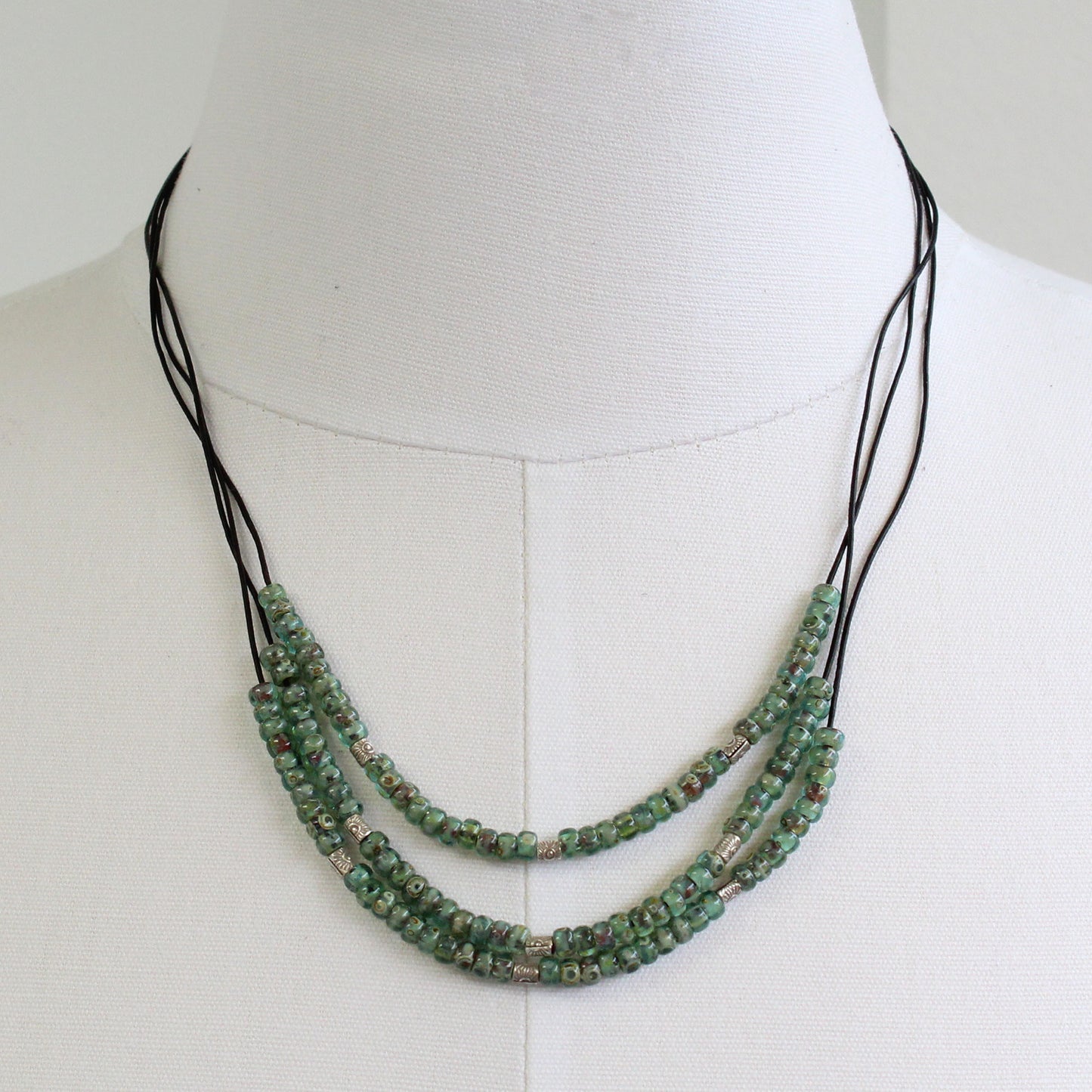 Turquoise Green Color Bead Necklace on Dainty Leather Cord, Adjustable ...