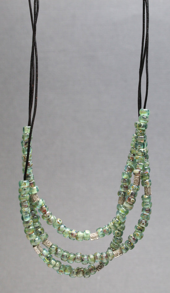 Turquoise Green Color Bead Necklace on Dainty Leather Cord, Adjustable 17-19 Inches
